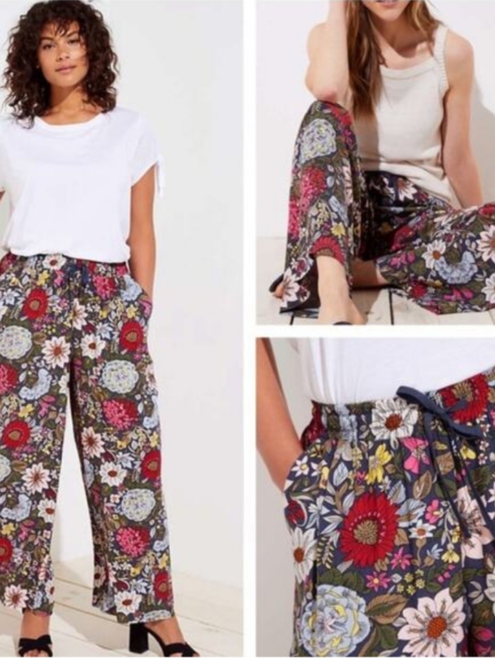 Wide Leg Elastic Drawstring Floral Garden Multicolor Palazzo Pants with Pockets - Picture 3 of 12